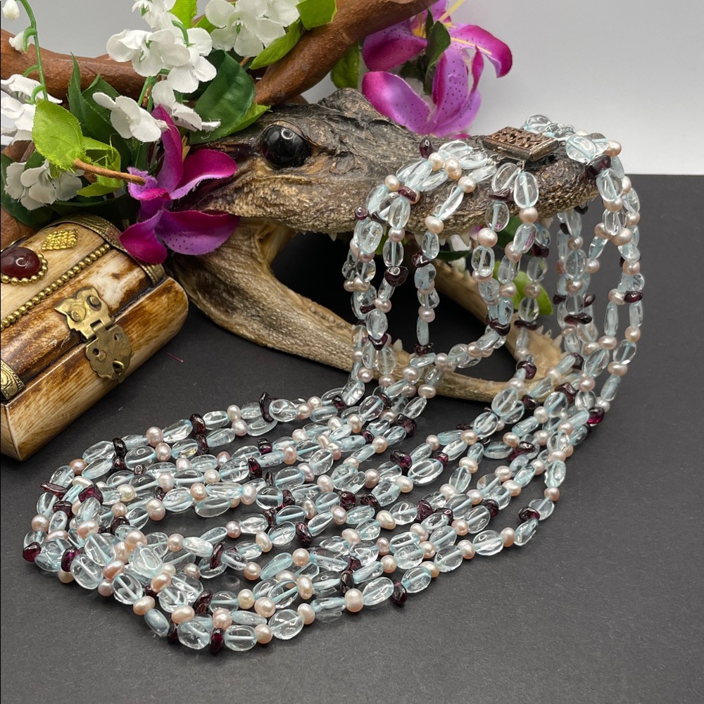 Aquamarine, freshwater pearl and garnet multi strand necklace C19